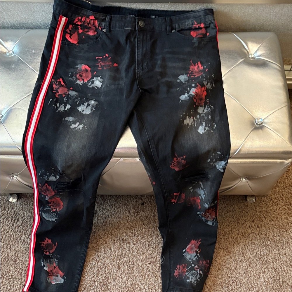 Floral Black and Red Skinny Jeans